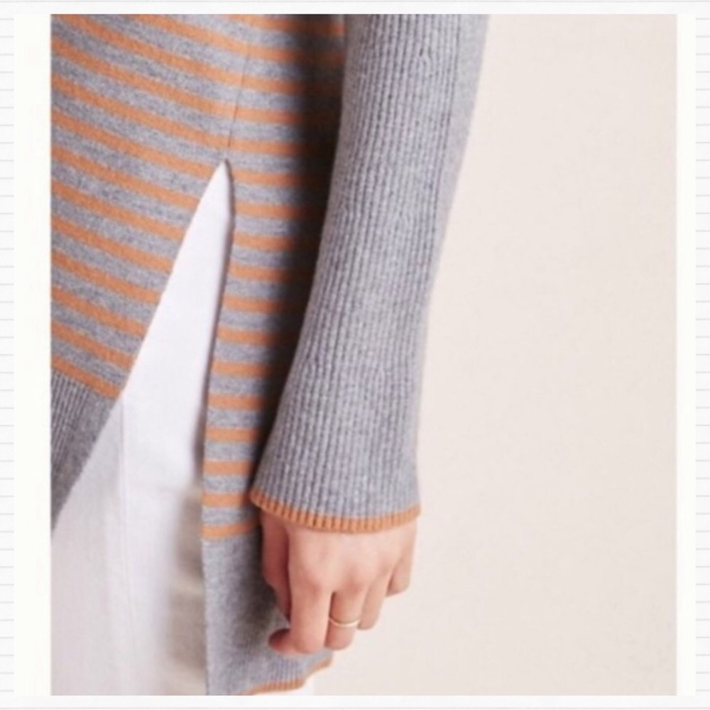 Anthropologie Gray Tan Stripe Off Shoulder Sweater - Picture 3 of 14
